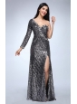 Column Silver One Shouder Long Sleeves Strapless High Slit Sequins Prom Dress