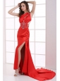 Column Wine Red One Shoulder Beading High Slit Ruching Prom Dress