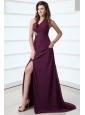 Dark Purple One Shoulder High Slit Beading and Ruching Chiffon Prom Dress