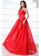 Elegant Column V-neck Red Brush Train Chiffon Prom Dress with Beading