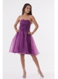 A-line Purple Strapless Appliques Organza Knee-length Prom Dress