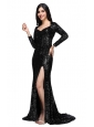 Column Black Square Long Sleeves Sequins High Slit Brush Train Prom Dress