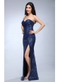 Column Navy Blue Sweetheart Sequins Floor-length High Slit Prom Dress