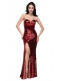 Column Sweetheart Wine Red Sequins High Slit Prom Dress