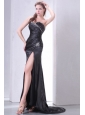 High Slit Black Sweetheart Prom Dress with Beading and Ruching
