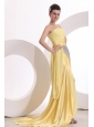 New Column Strapless Ruching Yellow Chiffon Prom Dress with Brush Train