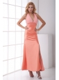 Taffeta Column Halter Backless Floor-length Ruching Watermelon Prom Dress