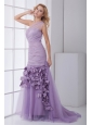 New One Shoulder Lilac Ruching Brush Train Organza Prom Dress with Side Zipper