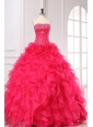 Beading and Ruffles Strapless Organza Quinceanera Dress in Coral Red