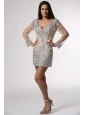 Champagne Column V-neck Long Sleeves Prom Dress with Beading