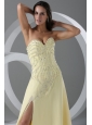Sweep Train High Slit Light Yellow Prom Dress with Beading