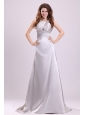 A-line Gray Straps Beading and Ruching Brush Train  Prom Dress