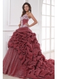 Burgundy Spaghetti Straps Appliques and Pick-ups Quinceanera Dress