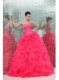 Sweetheart Beading and Ruffles Organza Coral Red Quinceanera Dress