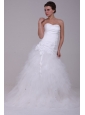 A-Line Strapless Ruching Tulle Wedding Dress with Brush Train
