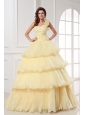 Light Yellow One Shoulder Beading and Pleats A-line Quinceanera Dress