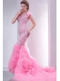 Pink Mermaid V-neck Chapel Train Wedding Dress with Beading