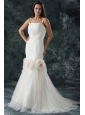 Pretty Brush Train Mermaid Spaghetti Straps Wedding Dress with Flowers