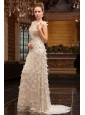 Unique Empire Bateau Brush Train Wedding Dress with Special Fabric