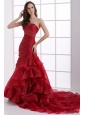 Wine Red Court Train Wedding Dress with Appliques and Ruffles