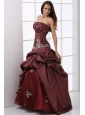 A-line Burgundy Strapless Beading and Appliques Quinceanera Dress