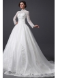 A-Line High Neck Organza Wedding Dress with Chapel Train with Appliques