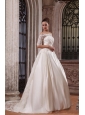 A-Line Off The Shoulder Brush Train Lace Appliques Wedding Dress