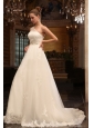 A-Line One Shoulder Chapel Train Appliques Tulle Wedding Dress with Side Zipper