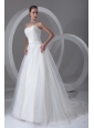 A-line Strapless Ruching Brush Train Organza Wedding Dress
