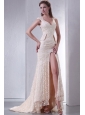 Champagne Column V-Neck Brush Train Short Sleeves Lace Wedding Dress with Lace Up