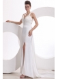 Column Halter Beading Taffeta Wedding Dress with Court Train