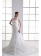 Column Straps Appliques Lace Wedding Dress with Chapel Train