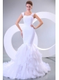 Mermaid Straps Ruffles Organza Chapel Train Wedding Dress