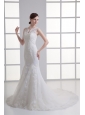 Mermaid V-Neck Lace Appliques Court Train Wedding Dress with Zipper Up