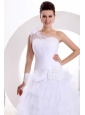 One Shoulder Appliques and Hand Made Flowers Tulle Wedding Dress