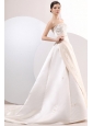 Princess Strapless Court Train Satin Champagne Wedding Dress with Embroidery