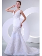 V-neck Mermaid Organza Appliques Wedding Dress for 2014 Spring