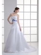 A-line Appliques Strapless Satin Belt Court Train Wedding Dress