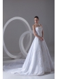 A-line Strapless Appliques Cathedral Train Satin Wedding Dress