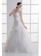 A-line Strapless Appliques Pick-ups Ruching Court Train Organza Wedding Dress