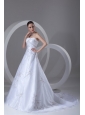 A-line Strapless Embroidery and Beading Court Train Wedding Dress