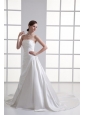 A-line Strapless Ruching Chapel Train Satin Wedding Dress