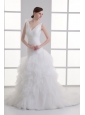 A-line V-neck Hand Made Flower Ruching Ruffles Court Train Wedding Dress