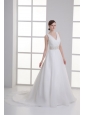 A-line V-neck Ruching Organza Beading Belt Court Train Wedding Dress