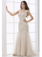 Champagne Scoop Cap Sleeves Beading Brush Train Wedding Dress