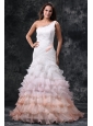 Elegant One Shoulder A-Line Ruffles Brush Train Organza Wedding Dress