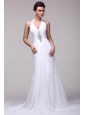 Halter Top Neck A-line Beading Taffeta Court Train Wedding Dress