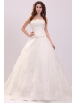 Luxurious Strapless A-line Embroidery Chapel Train Wedding Dress