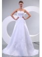 Strapless A-line Sweep Train Wedding Dress with Appliques and Beading