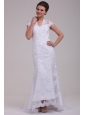 Column High Neck Appliques Open Back Lace Wedding Dress with Brush Train